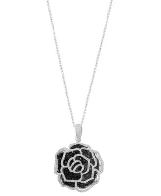 EFFY&reg; Black Diamond (1-3/8 ct. t.w.) & White Diamond (5/8 ct. t.w.) Rose Pendant Necklace in 14k White Gold, 16-3/4" + 1-1/4" extender