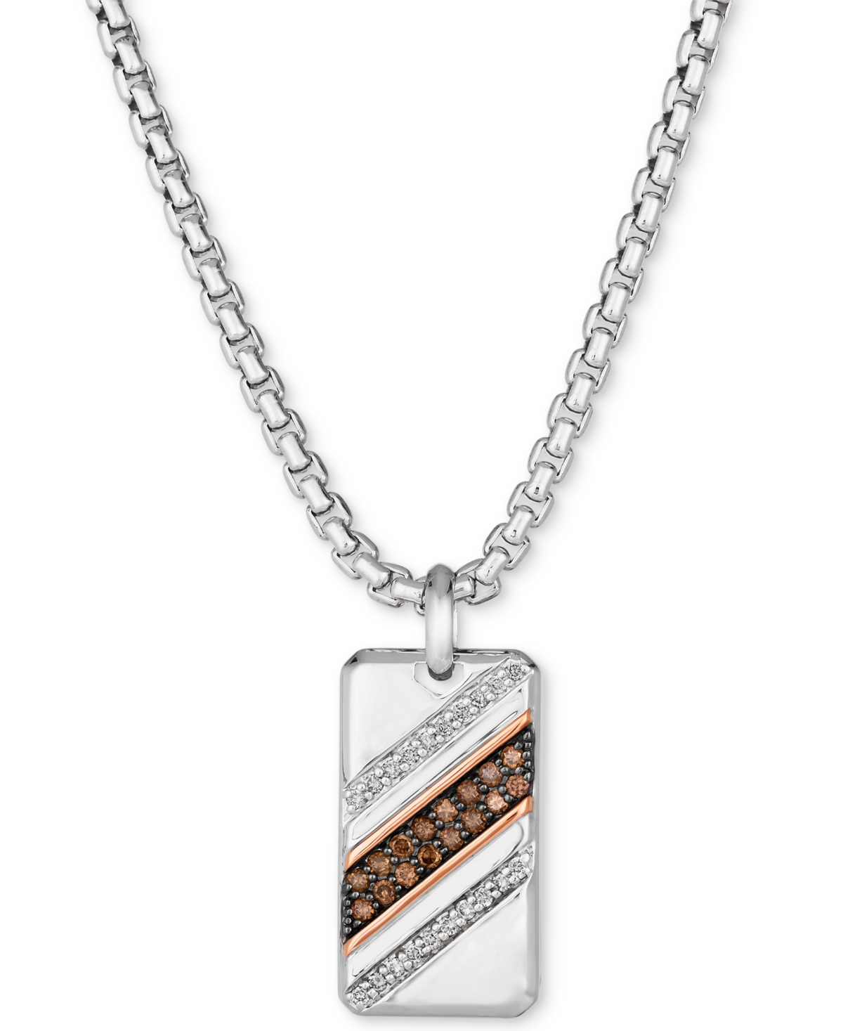 Men's Chocolate Diamond (1/4 ct. t.w.) & Nude Diamond (1/6 ct. t.w.) Dog Tag 22" Pendant Necklace in Sterling Silver & 14k Rose Gold-Plate - S