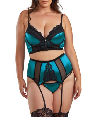 Plus Size 3-Piece Underwire Padded Bra, Garter Skirt and Thong Satin Lingerie Set