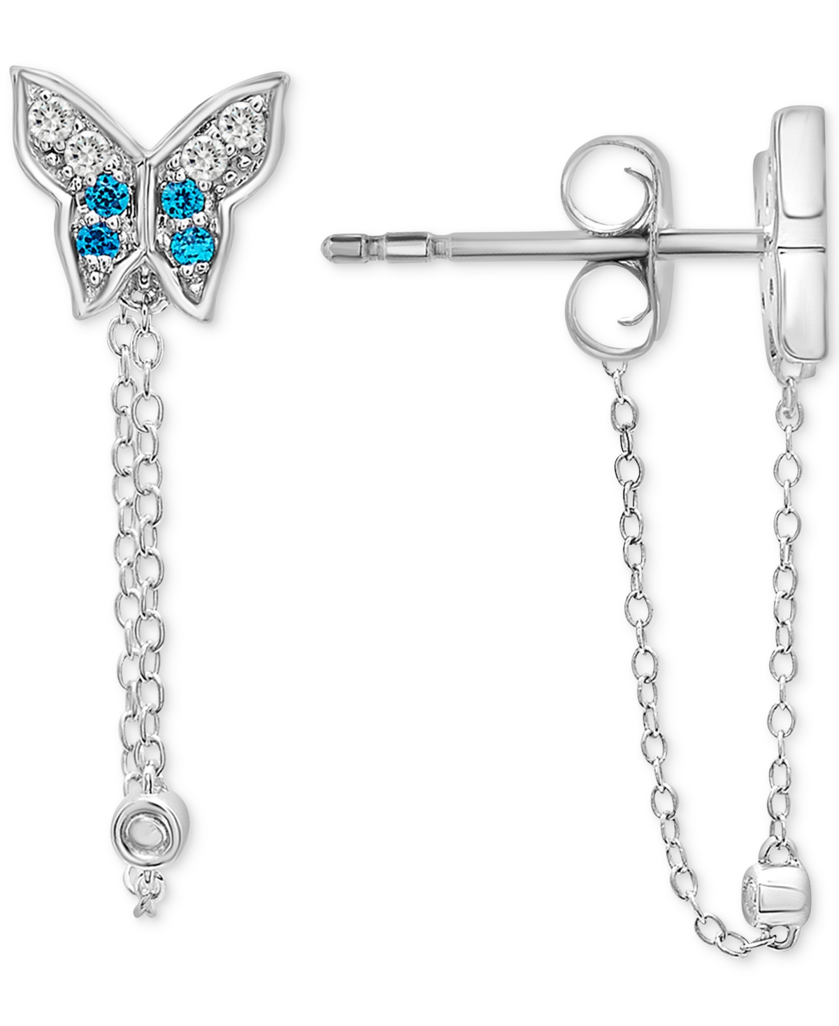 Macy's London Blue Topaz (1/6 Ct. T.w.) & White Topaz (1/8 Ct. T.w.) Butterfly Chain Earrings In Sterling S In Sterling Silver