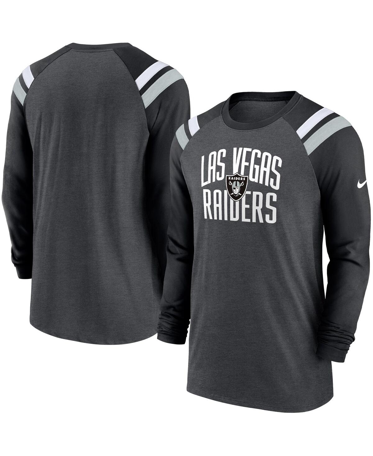 Shop Nike Men's  Heathered Charcoal, Black Las Vegas Raiders Tri-blend Raglan Athletic Long Sleeve Fashion In Heathered Charcoal,black