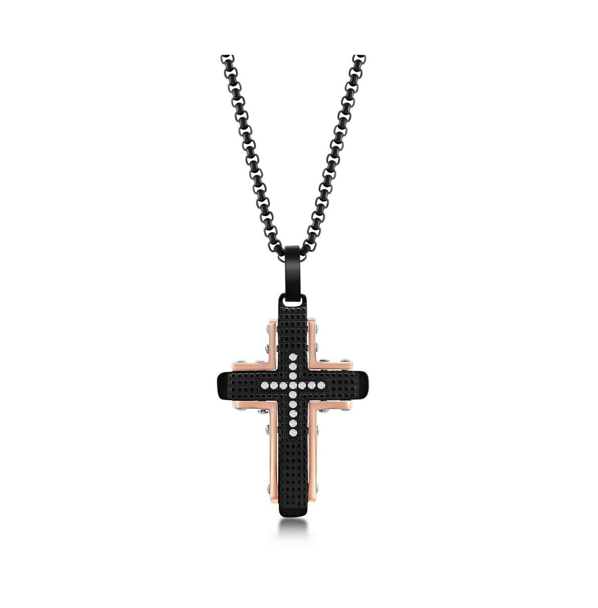 Mens Stainless Steel Black & Rose Gold Cz Cross Necklace - Black