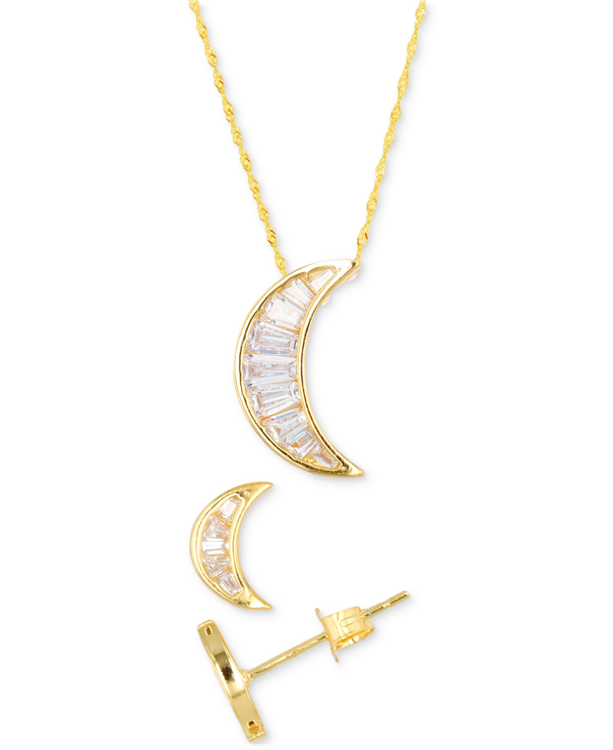 Macy's 2-pc. Set Cubic Zirconia Baguette Crescent Moon Pendant Necklace & Matching Stud Earrings In 14k Gol In Gold Over Silver