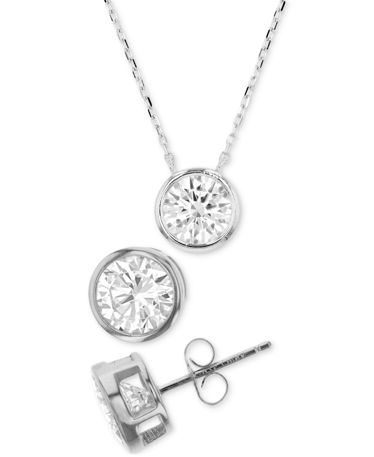 Macy's 2-pc. Set Cubic Zirconia Bezel Solitaire Pendant Necklace & Matching Stud Earrings In Sterling Silver