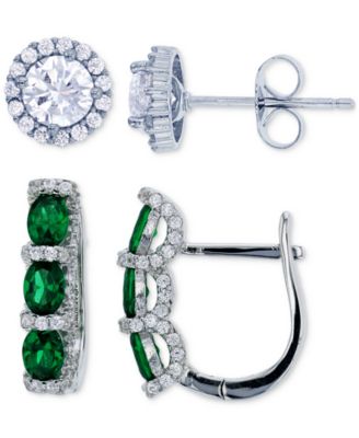 2-Pc. Set Lab-Grown Spinel (2 ct. t.w.) & Cubic Zirconia Halo Stud & Three Stone Leverback Earrings in Sterling Silver (Also in Green Cubic Zirconia & Lab-Grown Ruby)