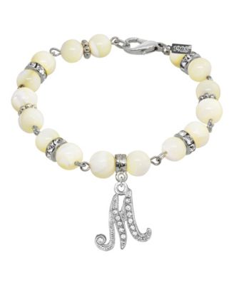 Silver Tone Cultured Mother of Pearl Crystal Initial Clasp Bracelet