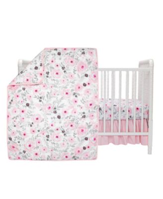 Blossom Pink Watercolor Floral 3-Piece Baby Crib Bedding Set