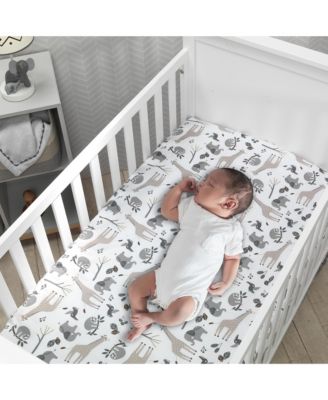 Baby Jungle Animals White/Gray/Taupe Cotton Fitted Crib Sheet
