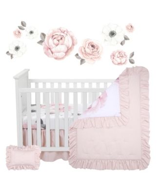 Floral Garden Watercolor/Pink Linen 5-Piece Baby Crib Bedding Set