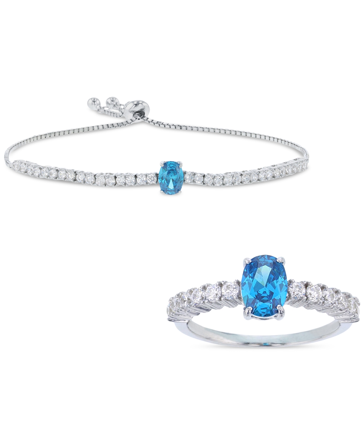 Macy's 2-pc. Set Blue & White Cubic Zirconia Ring & Matching Bolo Bracelet In Sterling Silver