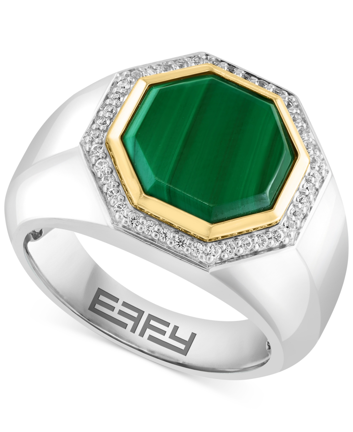 Effy Collection Effy Men's Malachite & White Sapphire (1/2 Ct. T.w.) Ring In Sterling Silver & 14k Gold-plate