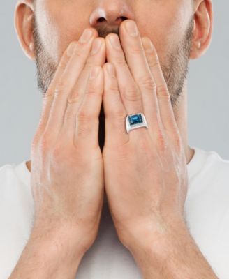 EFFY&reg; Men's London Blue Topaz (4-1/2 ct. t.w.) & White Topaz (1/3 ct. t.w.) Rectangular Halo Ring in Sterling Silver