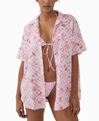 COTTON ON - Women's Pink Check Button-Up Cover-Up Shirt