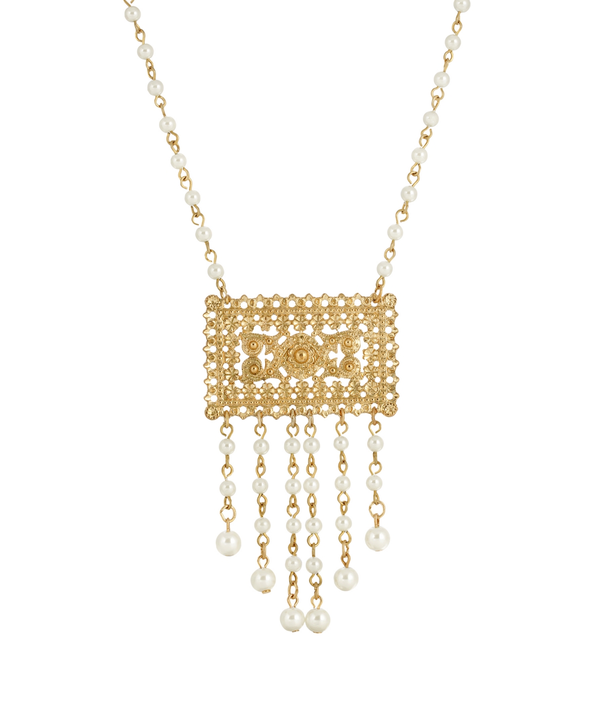2028 Gold Tone Imitation Pearl Drop Rectangle Necklace In White