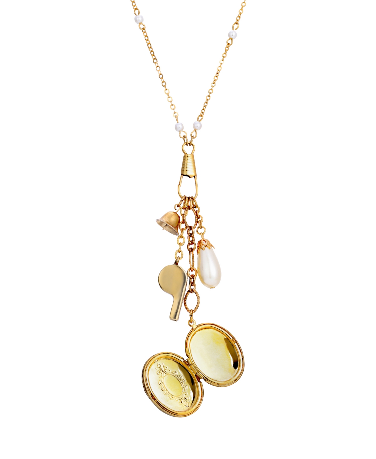 2028 14k Gold Plated Dipped Imitation Pearl Locket Whistle Bell Charm Necklace In White