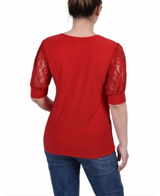 Women's Short Puff Sleeve Top with Lace Sleeves and Yoke