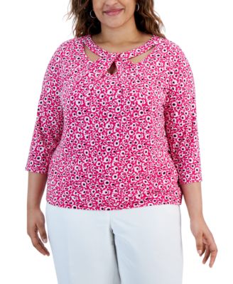 Kasper - Plus Size Cut-Out Floral-Print 3/4-Sleeve Top