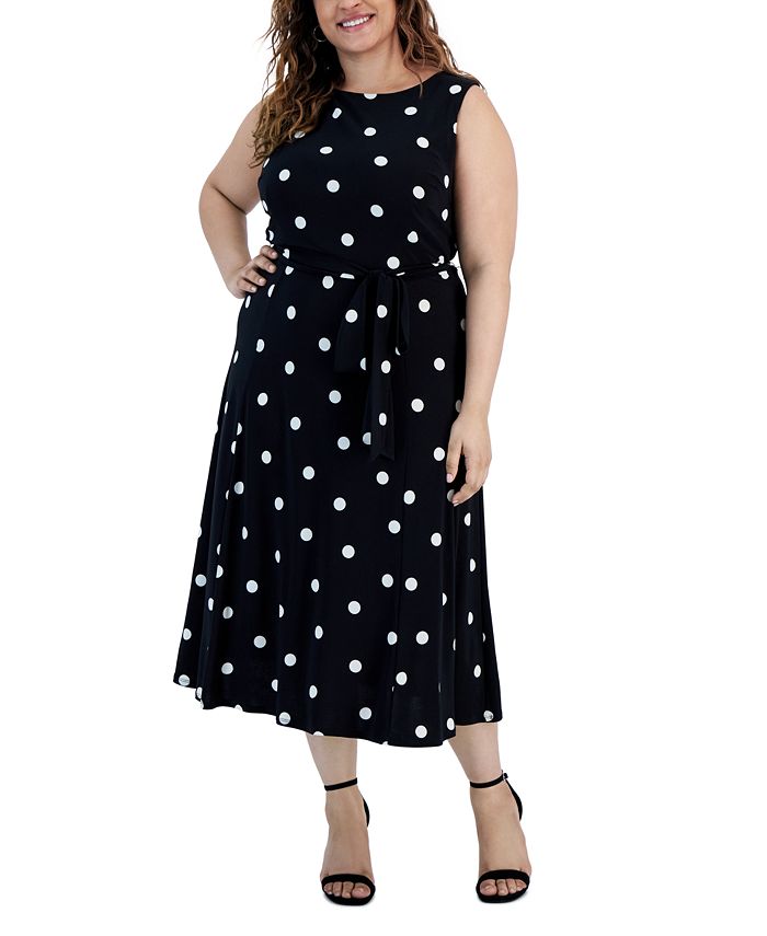 Kasper Plus Size Polka Dot-Print Belted Fit & Flare Dress - Macy's