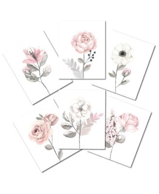 Watercolor Floral Unframed Nursery Child Wall Art 6pc - Pink/Gray