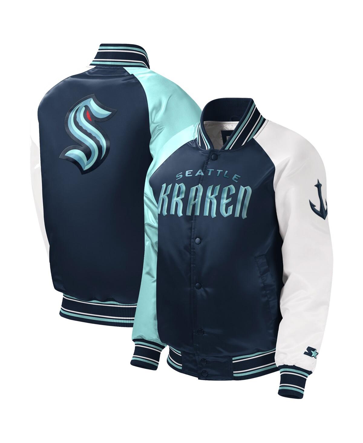 Starter Big Boys And Girls  Deep Sea Blue Seattle Kraken Raglan Full-snap Varsity Jacket In Deep Sea Blue
