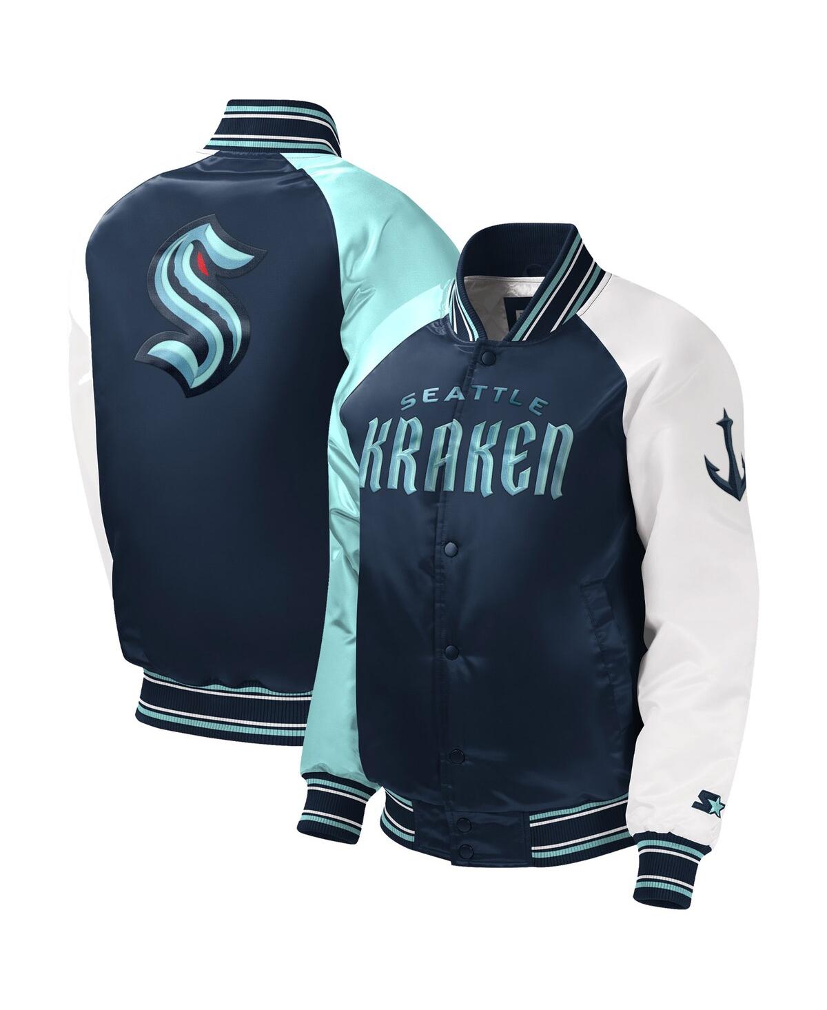 Shop Starter Big Boys And Girls  Deep Sea Blue Seattle Kraken Raglan Full-snap Varsity Jacket