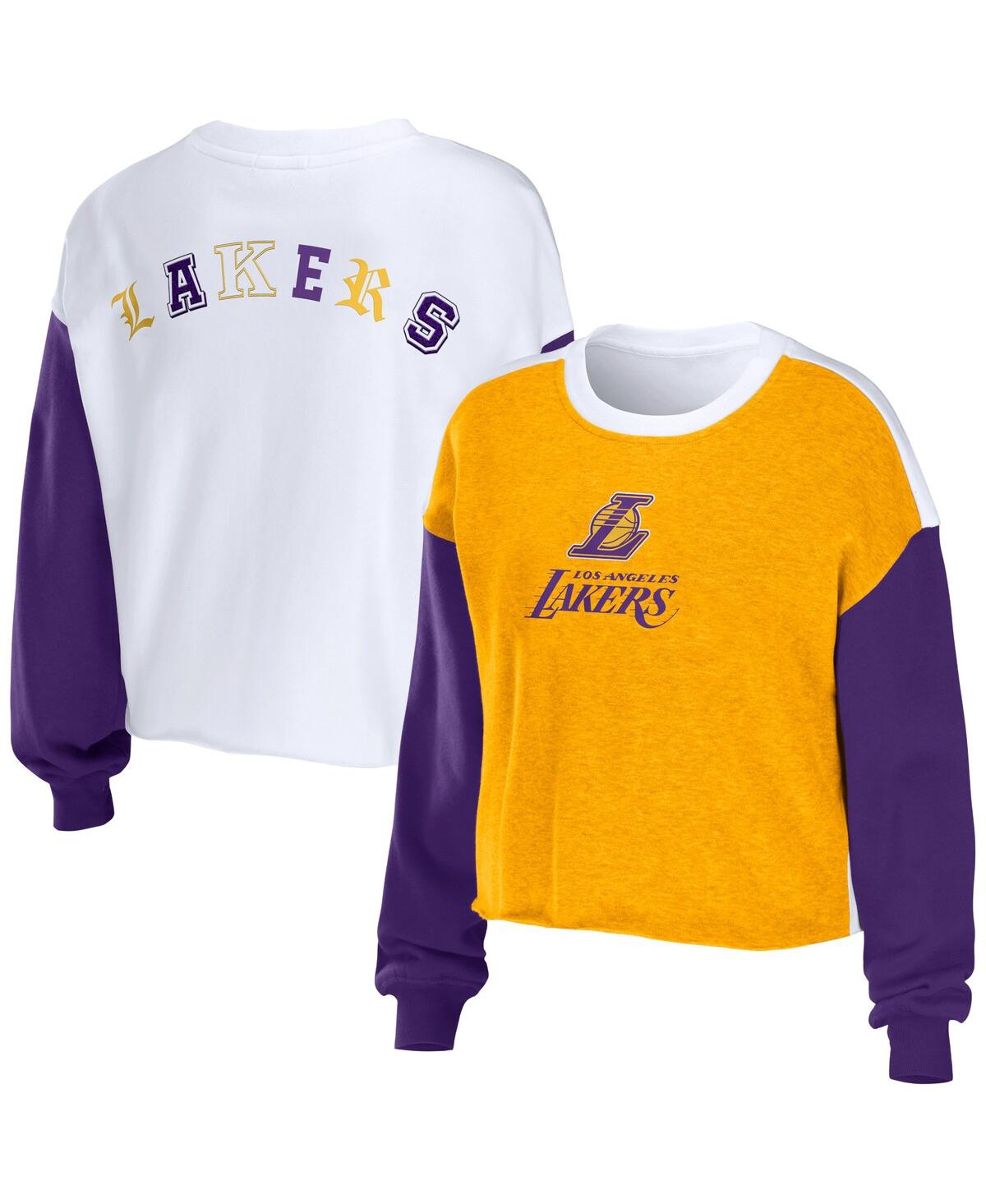 Shop Wear By Erin Andrews Women's  Heather Gold Los Angeles Lakers Mixed Letter Cropped Pullover Sweatshir