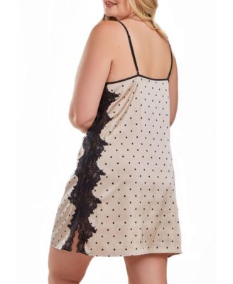 Kareen Dotted Plus Size Satin Chemise Adorned in Front and Side Lace