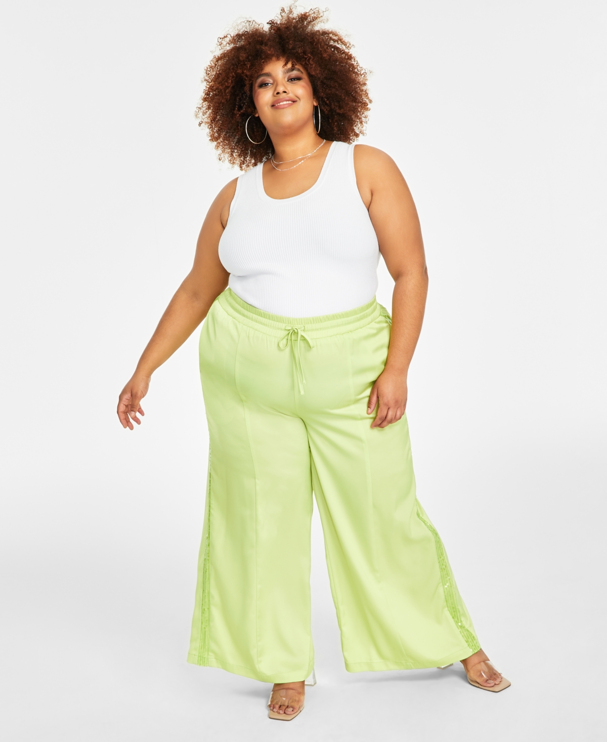 Nina Parker Trendy Plus Size Sequin-stripe Wide-leg Pants In Daquiri Green
