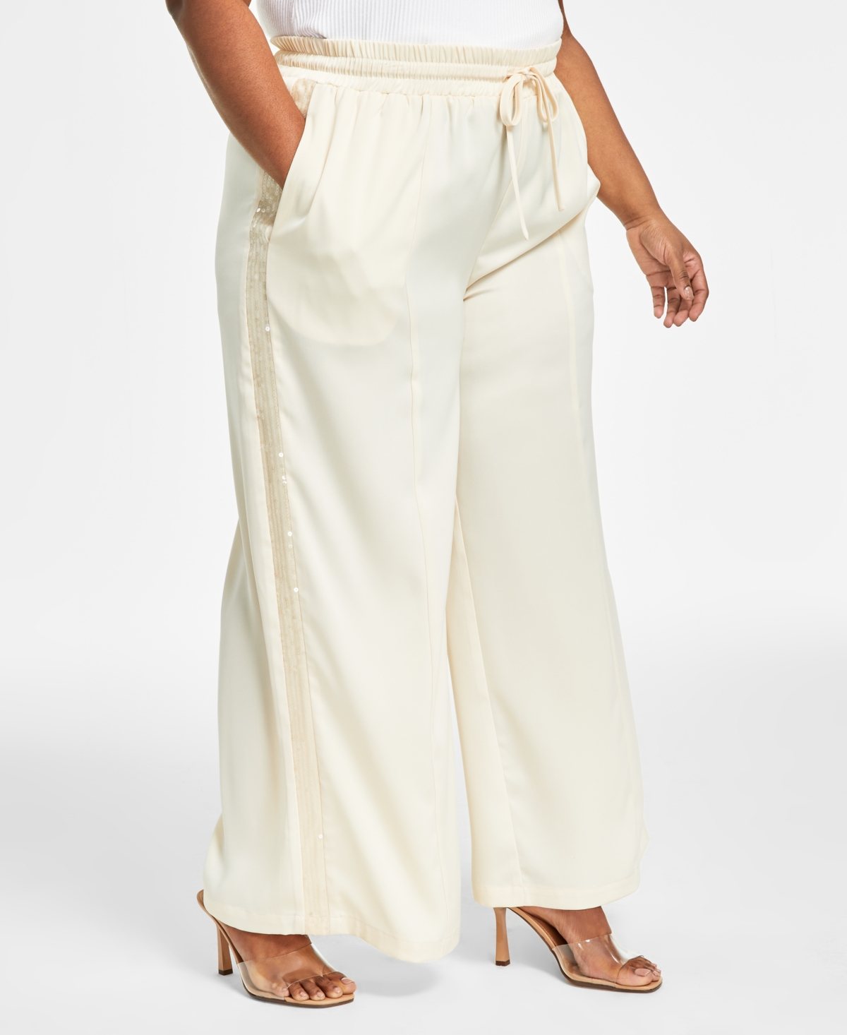 Nina Parker Trendy Plus Size Sequin-stripe Wide-leg Pants In Wheat