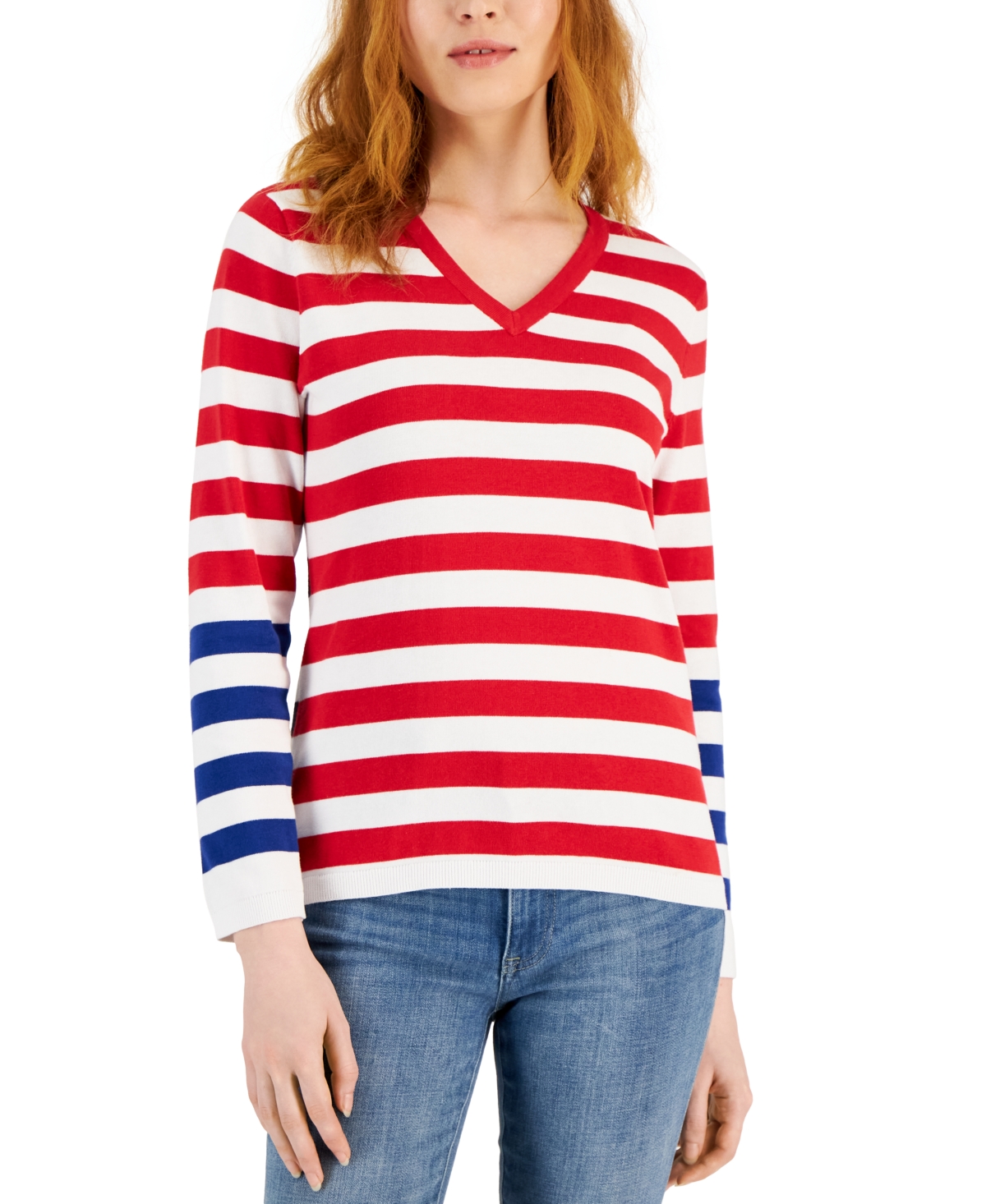 Tommy Hilfiger Women's Cotton V-neck Striped Sweater In Bright White/ Sky Cap/ Bl | ModeSens