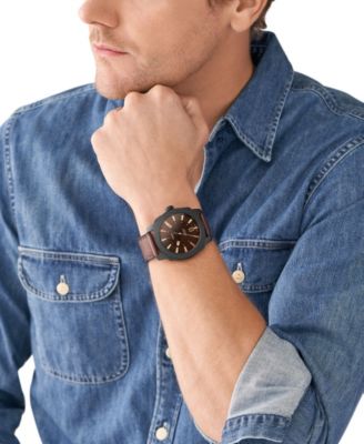 Men's Machine Quartz Brown Leather Strap Watch, 49mm