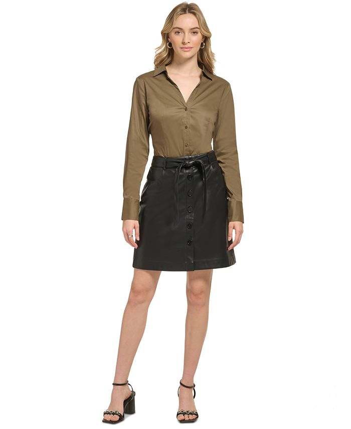 Calvin Klein Women's X-Fit Long Sleeve Collared Button Down Bodysuit -  Macy's