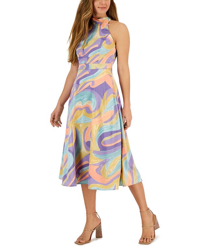 tahari asl tie neck midi dress