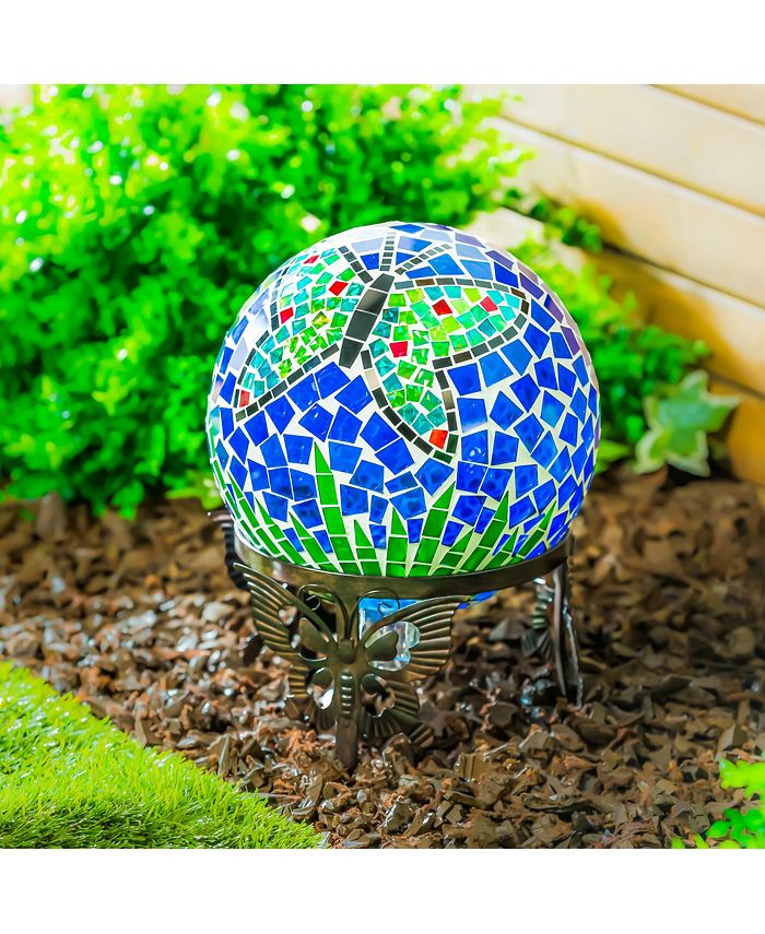 Evergreen 10" Mosaic Glass Gazing Ball, Teal Butterfly Garden and Yard