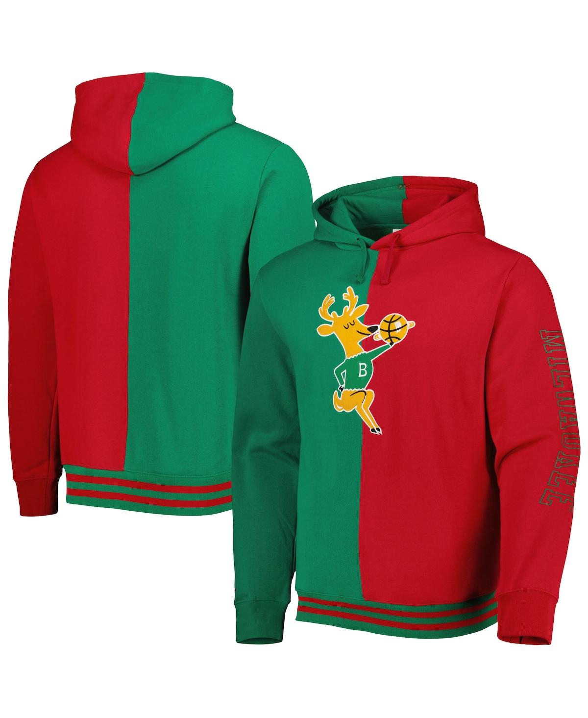 Mitchell & Ness Men's  Green, Red Milwaukee Bucks Hardwood Classics Split Pullover Hoodie In Green,red