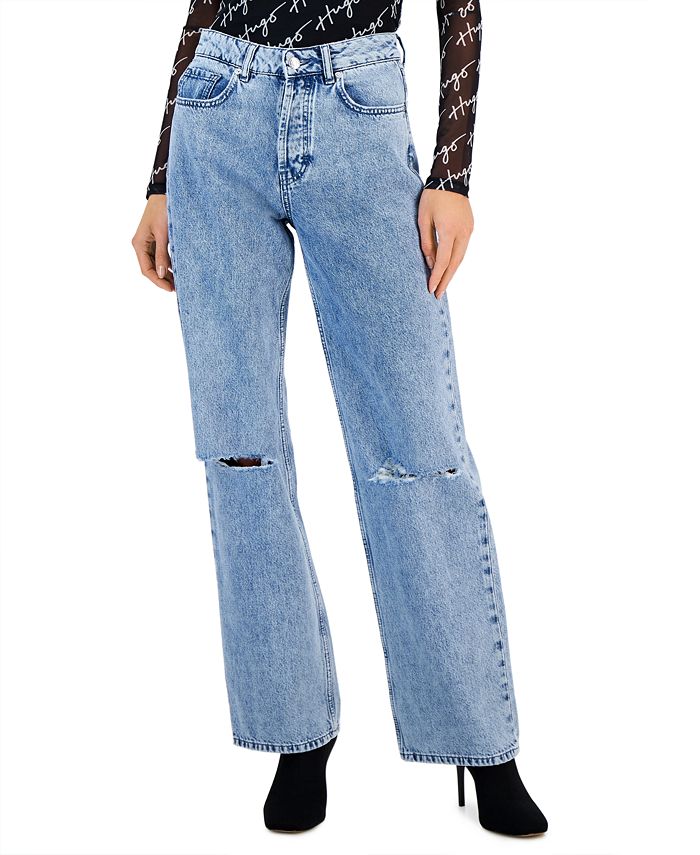 HUGO Women's Ripped Light-Wash High-Rise Denim Jeans - Macy's