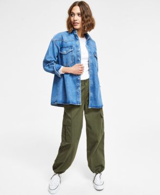 LEVI'S LEVIS WOMENS 94 BAGGY CARGO PANTS DYLAN OVERSIZED WESTERN SHIRT THE PERFECT CREWNECK TEE