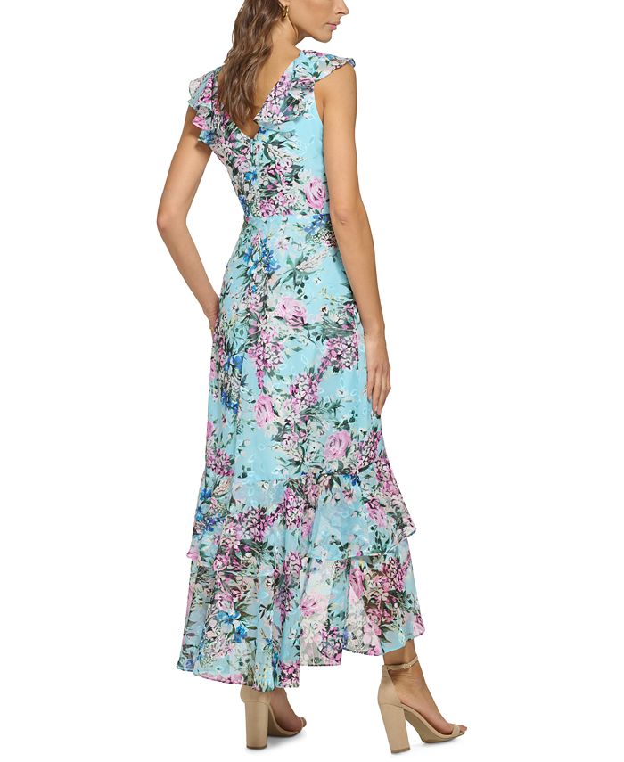 Floral Lace Ruffled High-Low Maxi Dress