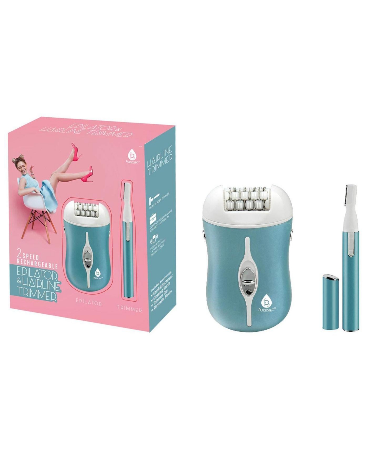 2 Speed Rechargeable Epilator & Hairline Trimmer - Blue