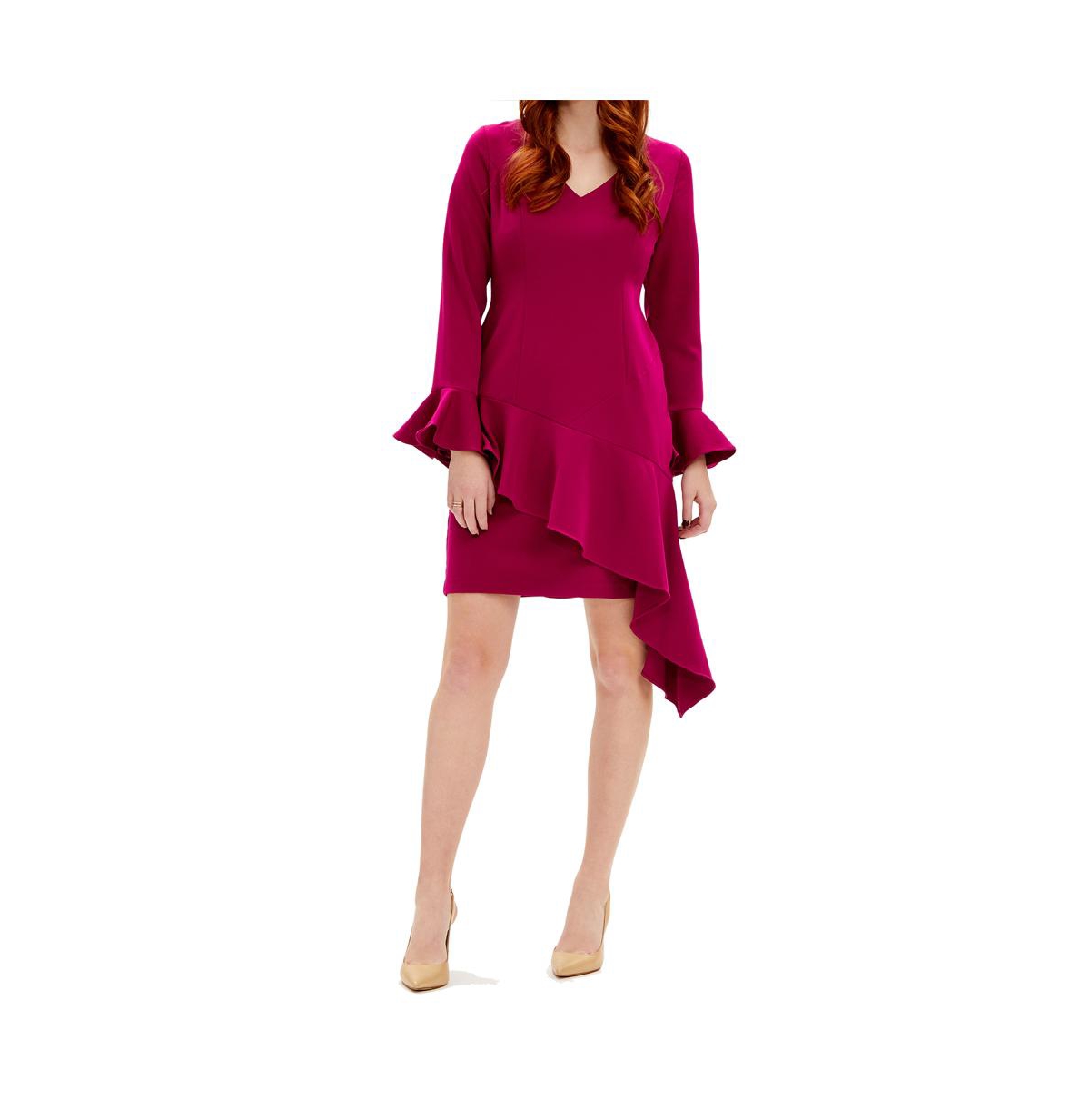 Focus By Shani Asymmetric Ruffle Women Dress In Raspberry