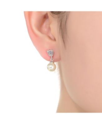 GV Sterling Silver White Gold Plated White Round Freshwater Pearl with Clear Baguette Cubic Zirconia Drop Earrings