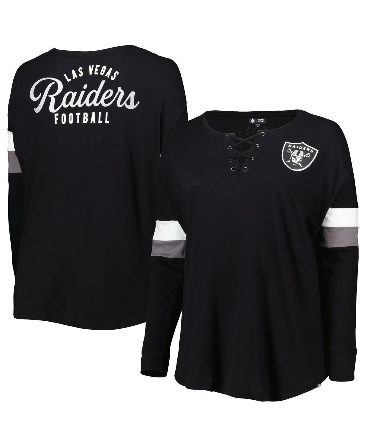Shop New Era Women's  Black Las Vegas Raiders Plus Size Athletic Varsity Lace-up V-neck Long Sleeve T-shir