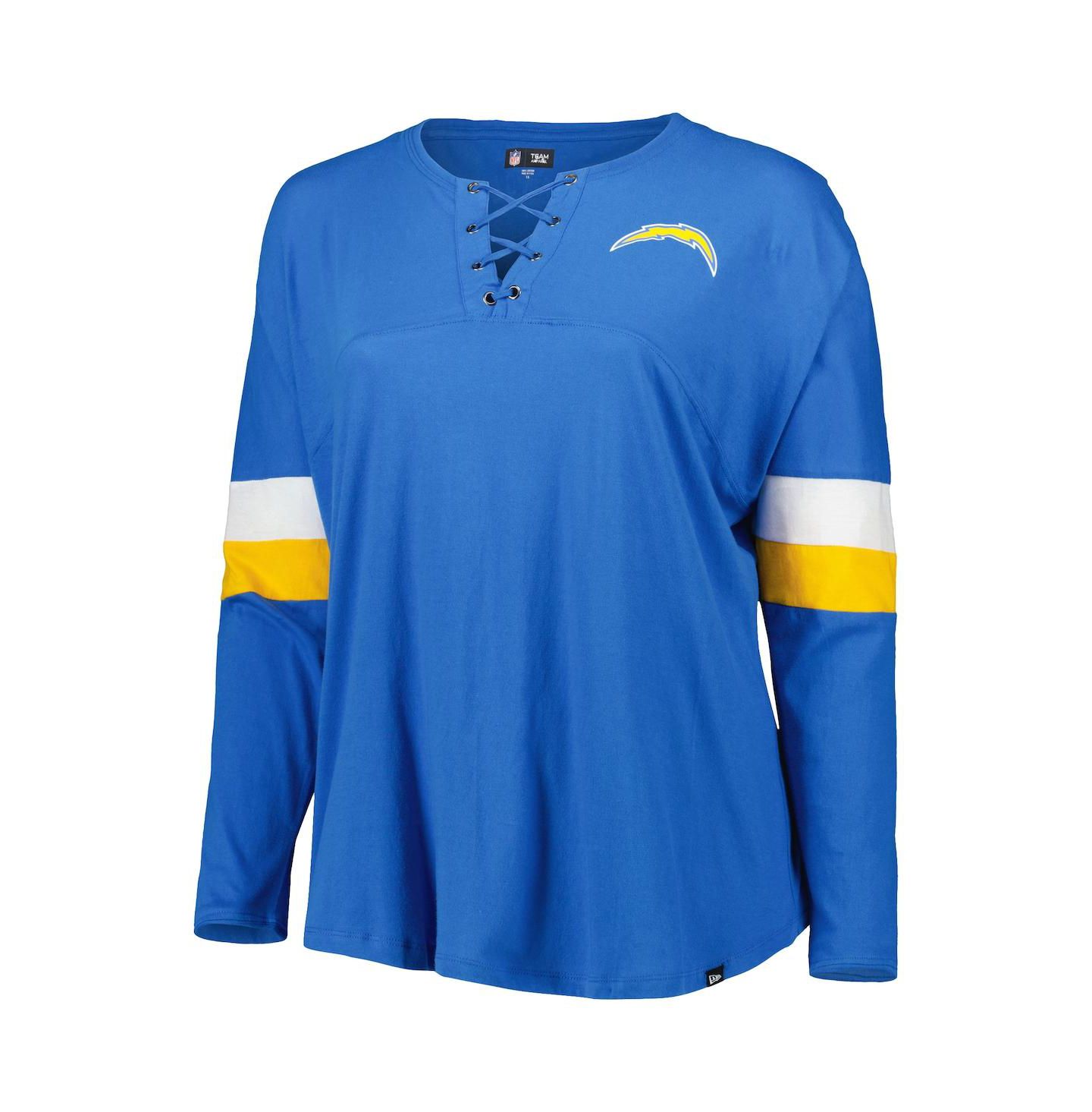 Женская футболка New Era Powder Blue Los Angeles Chargers Plus Size Athletic Varsity Lace-Up V-Neck Long Sleeve — фото 3