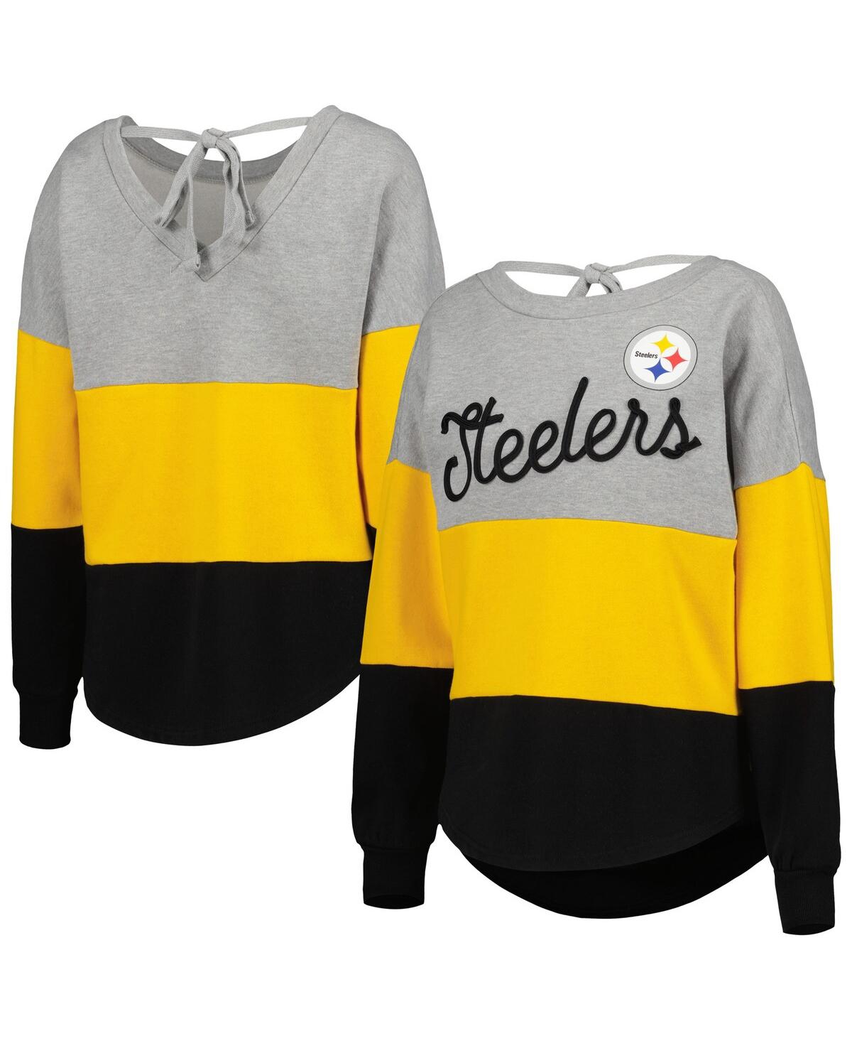 Women's Touch Heathered Gray, Black Pittsburgh Steelers Outfield Deep V-Back Pullover Sweatshirt - Heathered Gray, Black