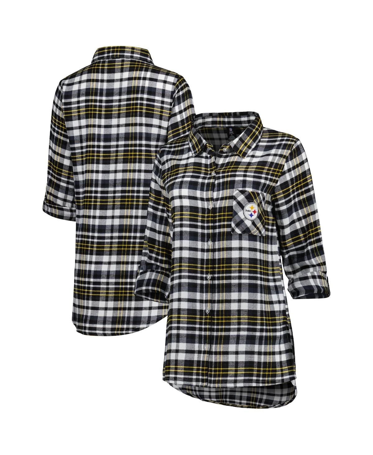 Concepts Sport Black Pittsburgh Steelers Mainstay Plaid Full-button Long Sleeve Nightshirt In Black,gold
