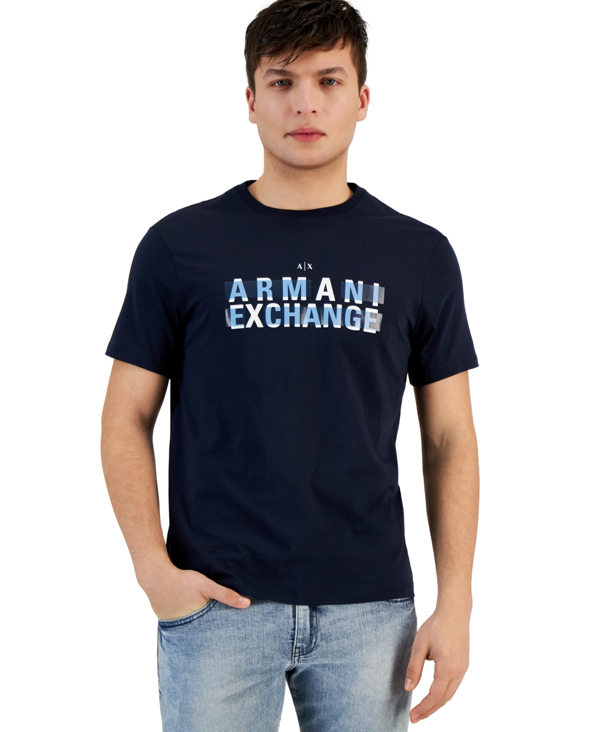 Ax Armani Exchange A X Armani Exchange Men's Bar Logo Crewneck Short-sleeve T-shirt In Navy