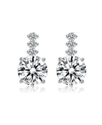 GV Sterling Silver with White Gold Plated Clear Round Cubic Zirconia Linear Drop Earrings