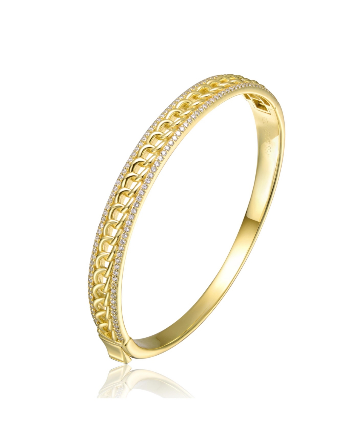 Sterling Silver 14k Yellow Gold Plated with Cubic Zirconia Chain Link Stiff Bangle Bracelet - Gold