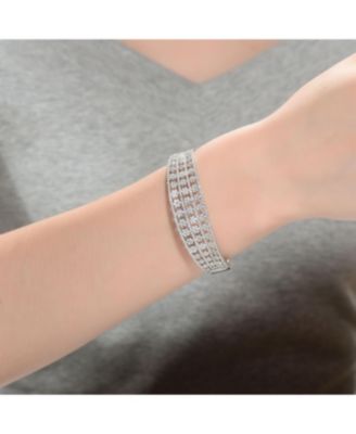 Sterling Silver with White Gold Plated Clear Round Cubic Zirconia Flower Style Bangle Bracelet