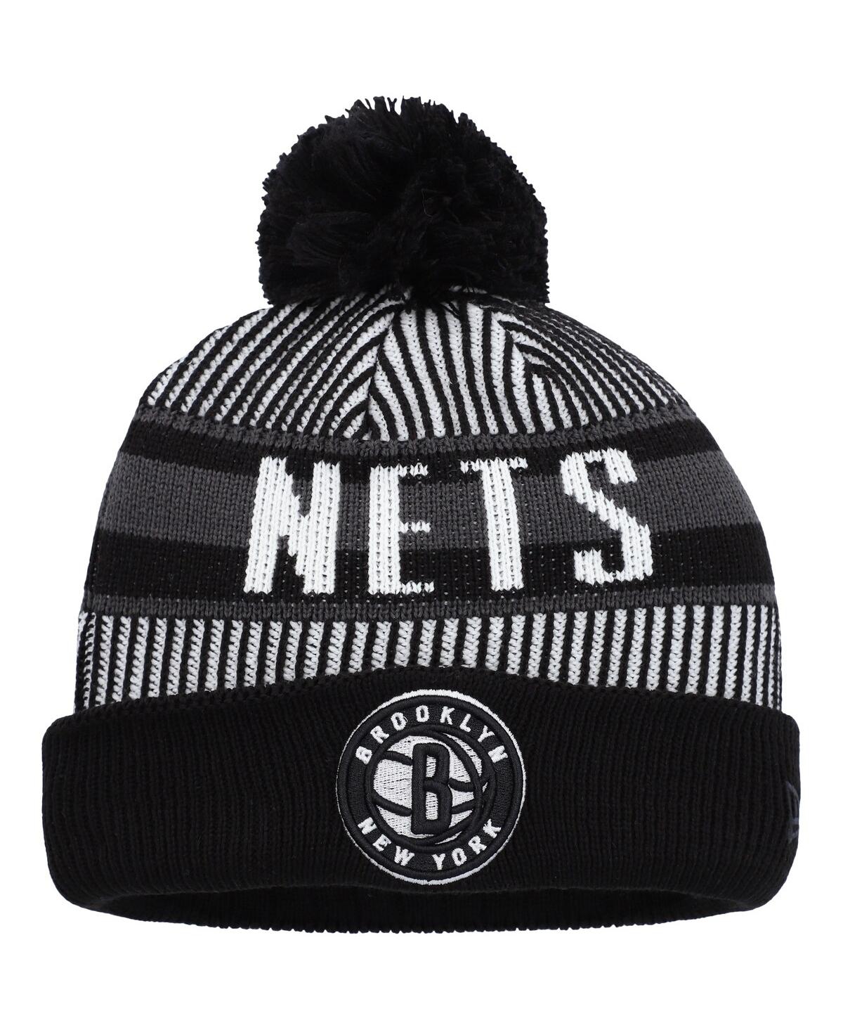 Shop New Era Big Boys  Black Brooklyn Nets Stripe Cuffed Knit Hat With Pom